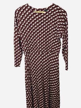 Ann Taylor Burgundy & Cream Long Sleeve Horse  Midi Dress 12P
